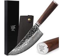 YOUSUNLONG Cuchillo de carnicero Cleaver 8 pulgadas （205 mm） Acero inoxidable Damasco martillado japonés mango de madera de nogal natural con funda de cuero