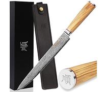 YOUSUNLONG Cuchillo de filete de pescado Sashimi 10 '' Cuchillo para tallar Acero de Damasco japonés- Madera de olivo italiana con cuero
