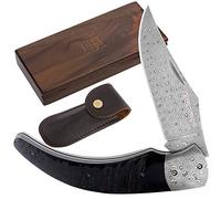 YOUSUNLONG Navaja de bolsillo plegable de acero de Damasco total 205 mm Mango de cuerno de búfalo negro natural con funda de cuero y caja de madera para cuchillos