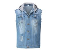 YOUTHUP Chaleco de mezclilla para hombre con capucha, casual, vintage, rasgado, ropa exterior, chaleco, chaleco sin mangas, 2207 Azul, S