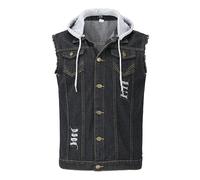 YOUTHUP Chaleco de mezclilla para hombre con gorra, corte regular, chaleco vaquero rasgado, chaleco informal sin mangas, Negro , S