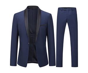 YOUTHUP - Traje de hombre de 2 piezas, ajuste slim, con bufanda, solapa, 1 botón, esmoquin para boda y cena, blazer y pantalones, azul marino, L
