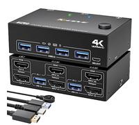 YOUTINGHDAV KVM Switch 2 PC 2 Monitores DP HDMI, USB 3.0 Dual Monitor KVM Switch DisplayPort HDMI Comparten 4 USB 3.0 ports Ratón Teclado, 4K@60Hz, Wired Remote(4K DP HD 2 in 2 out)