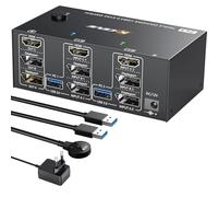 YOUTINGHDAV KVM Switch 2 PC 3 Monitores 8K@60Hz / 4K@144Hz, Displayport 1.4 HDMI 2.1 USB 3.0 KVM Switch Triple Monitor para 2 PC Compartir Ratón y Teclado, Wired Remote(8K HD DP 2 in 3 out KVM)