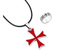 YouU 2 piezas collar colgante y anillo de acero inoxidable cruz roja albañilería caballero cruzado cruzado cruzado para hombres, Metal, No es una piedra preciosa
