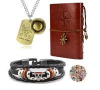 YouU - 23 piezas de anime de una pieza para cosplay, joyería de cuero, cuaderno recargable, collar Luffy de cuero sintético, pulsera con colgante de esqueleto, pulseras de anime