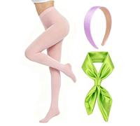 YouU Conjunto de accesorios de disfraz para mujer, color rosa 80D, compresión de abdomen, medias de talla grande, diadema ancha morada, bufanda de satén verde, 3 piezas