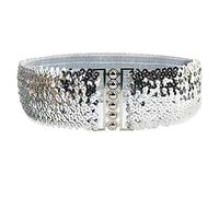 YouU Las Mujeres Lentejuelas Cinturón Delgado Elástico Cinch Correas de la Cintura de Plástico Brillo Amplio Tramo Cinturón con Hebilla de Metal para las Señoras, plateado, S