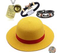 YouU Sombrero de paja Cospaly Disfraz Fiesta Hombres y Mujeres Playa Sol Sombrero de Paja Luffy Collar Pulseras Anime Joyería One P. Pegatinas 24 Piezas