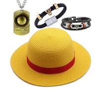 YouU Sombrero de paja Cospaly Disfraz Fiesta Hombres y Mujeres Playa Sol Sombrero de Paja Luffy Collar Pulseras Anime Joyería One P. Pegatinas 24 Piezas