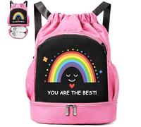 YOUYIKE Bolsa de natación infantil, diseño de fútbol y arco iris, compartimento inferior, mochila impermeable, bolsa deportiva con cordón