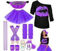 YOUYIKE Disfraz Años 80 Mujer Accesorios S/M/L/XL/XXL,Camiseta, Riñonera, Tutú, Diadema, Collar, Pendiente, Ropa Años 80 Disfraz Carnival Christmas Halloween Cosplay(S-Morado)