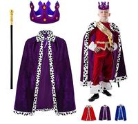 YOUYIKE Disfraz Rey Niños, 3 Pcs Medieval Con Capa Real, Corona y Cetro, Terciopelo Púrpura Para Halloween, Navidad, Carnaval, Juego de Rol, Hombres y Mujeres