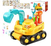 YOUYIKE Excavadora LED Luz Efectos Sonoros, Educativos Montessori Banco de Trabajo Herramientas Juguete con Taladro Tornillo Llave Inglesa Pegatina, Regalo Juegos para Niños de 3 años
