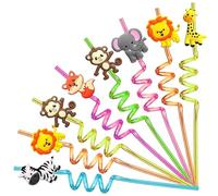 YOUYIKE Pajitas Reutilizables Niños, 8 Piezas Animales, Pajitas Fiesta En Espiral, Plástico Reutilizable, Reutilizable, 25.5-27cm x 0.5cm, 8 Count