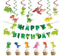 YOUYIKE Pancarta de Feliz Cumpleaños de Dinosaurio, 32 Dinosaurios Fiesta de Cumpleaños Decoracion, Dinosaur Cupcake Toppers, Dinosaurios Cumpleaños Colgar Decoraciones de Remolino para Fiestas