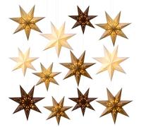 Youyole Juego de 12 faroles de papel de Navidad con luces, 7 puntiagudos | 2 tamaños de 12 y 17.72 pulgadas, adornos de estrella colgante color crema dorado y marrón oscuro, pantalla de papel para