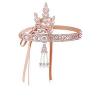 YOVECATHOU Diadema vintage de los años 20 con diamantes de imitación y perlas y plumas, diadema vintage de Gatsby para mujeres y niñas (oro rosa)