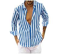 Yowablo Blusa Tops Camisas Camiseta Hombre Camisa de Rayas Manga Larga Botón Casual Solapa Cardigan Camisas, 1azul, M