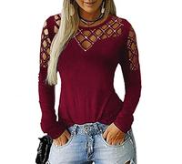 Yowablo - Camiseta de Encaje para Mujer, Cuello Redondo, Malla de Crop con Brillantes Wein M