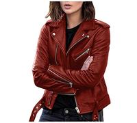 Yowablo Chaqueta de mujer nuevo delgado cuero cuello alto cremallera costura color sólido, 8 vino, S