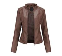 Yowablo - Chaqueta para mujer de piel con cuello alto, cremallera de costura monocromática 1 café L