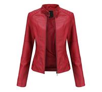 Yowablo Chaqueta para mujer New Slim de cuero con cuello alto y cierre de cremallera de un solo color, 1 rojo, S
