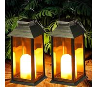 Yowin Farolillos Solares Exterior 2 Piezas Lampara Jardin con Vela Parpadeante, Farol Solar Impermeable Lampara Mesa, Linterna Solar para Adornos Jardin Terraza Balcón Decoracion - Bronce