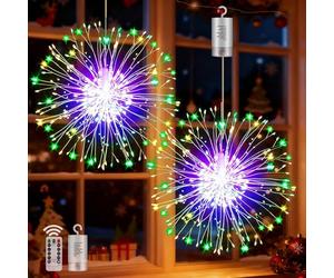 Yowin Paquete de 2 luces de fuegos artificiales 198 luces LED Starburst 8 modos, funciona con pilas, luces colgantes impermeables para decoración navideña al aire libre, multicolor