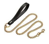 Yowity Correa de metal dorado para perro con mango de cuero, correa de cadena de eslabones NK fuerte de 12 mm para perros pequeños, medianos y grandes