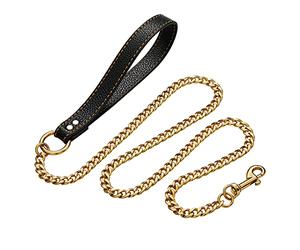 Yowity Correa de metal dorado para perro con mango de cuero, correa de cadena de eslabones NK fuerte de 12 mm para perros pequeños, medianos y grandes
