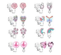 Yowivon Pendientes de clip para niñas y mujeres, aretes de circonita cúbica para orejas no perforadas, corazón de perla, arco iris, mariposa, flor, lindo juego de aretes de clip, regalo de joyería, 8