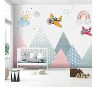 YOZYOOOZ Papel tapiz 3D de avión de dibujos animados de arcoíris y montaña geométrica adecuado para dormitorio, sala de estar, restaurante, habitación de niños, baño, decoración de pared de fondo