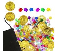 Yphzmtz 200 piezas de tesoro pirata, 100 monedas de oro y 100 piedras preciosas para niños, plástico acrílico brillante, con bolsa de almacenamiento, para fiesta pirata, cumpleaños infantil, caja del