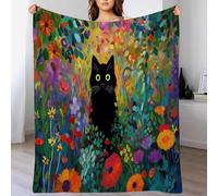 Ypthriline Gato Negro Entre Flores Manta, Estilo óleo Mantas de Franela de Microfibra 220×240 CM, Esponjoso y Termica, Manta para Sofás, Camas, Sillones Reclinables