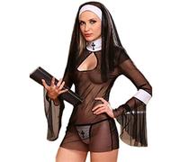 YQHWLKJ Mujeres Cosplay Monjas Uniforme Transparente Lencería Sexy Monja exótica Disfraces de Halloween Vestido Traje-Negro