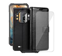 YQINHHME Funda para Cubot King Kong X Pro (6.72"), Silicona Case + Cristal Templado 9H Dureza Protector de Pantalla HD, Soporte Plegable PU Cuero Flip Cover Carcasa Ranuras Caso - Black