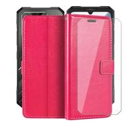 YQINHHME Funda para Doogee Blade GT Pro (6.72"), Silicona Case + Cristal Templado 9H Dureza Protector de Pantalla HD, Soporte Plegable PU Cuero Flip Cover Carcasa Ranuras Caso - RosRed