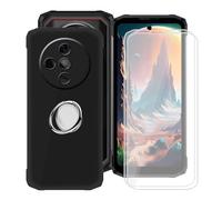 YQINHHME Funda para Doogee Fire 6 Power (6.56 ") con 2 Piezas Cristal Templado + 360° Rotación Anillo Soporte, Negro Suave Silicona Case Anti-Arañazos TPU Carcasa para Doogee Fire 6 Power
