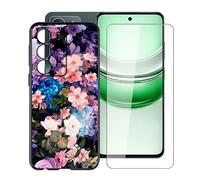 YQINHHME Funda para Realme C71 (6.67 ") + Cristal Templado Película, Ultrafina Antichoque X Antiarañazos Negro Suave Silicona TPU Case Carcasa para Realme C71 - Muro de Flores