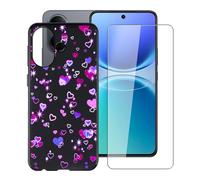 YQINHHME Funda para Vivo V70 Lite (6.77 ") + Cristal Templado Película, Ultrafina Antichoque X Antiarañazos Negro Suave Silicona TPU Case Carcasa para Vivo V70 Lite - Burbujas de Amor
