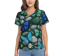 YQTGBCED Camisetas clásicas con cuello en V para mujer, con estampado de mariposas y piedras azules, para cualquier entorno casual, trabajo, viajes, Negro, XL