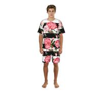 YQTGBCED Conjunto de pijama para hombre con estampado de flores a rayas blancas y negras, cuello redondo clásico y pantalones cortos de cintura elástica, para noches de verano, Negro, 3XL