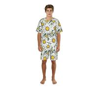 YQTGBCED Conjunto de pijama para hombre con estampado de margaritas blancas, cuello redondo clásico y pantalones cortos de cintura elástica, para noches de verano, Negro, 3XL