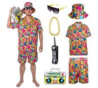 YQVGFBY Disfraz de los años 80 y 90 para hombre, disfraz de concha de los años 80 y 90, conjunto de camisetas y pantalones cortos de hip-hop, ropa deportiva, discoteca, disfraces de carnaval, rosso,