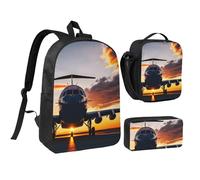 YQxwJL Aircraft Plane at Sunset Print - Mochila de 3 piezas con fiambrera, estuche para lápices, para viajes, trabajo, camping, unisex