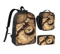 YQxwJL Brújula y mapa del viejo mundo, 3 piezas, mochila con fiambrera, estuche para lápices, para viajes, trabajo, camping, unisex