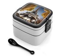 YQxwJL Cityscape Paris - Caja bento de doble capa con cuchara, diseño de la Torre Eiffel de Francia, a prueba de fugas, recipiente de ensalada para adultos, para almuerzo, trabajo, viajes
