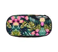 YQxwJL Estuche de gran capacidad con estampado de flores hawaianas tropicales de verano y hojas de palma, color negro, bolsa organizadora para lápices, oficina y universidad