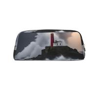 YQxwJL Estuche para lápices de gran capacidad con estampado de faro en tormenta, estuche para lápices con cremallera, bolsa de cuero duradero para oficina, viajes